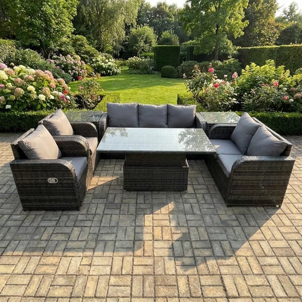 Fimous 7 Seater Rattan Outdoor Dining Set with Height Adjustable Table, 2 Sodas, 2 Reclining Chairs & 2 Side Tables - Dark Grey