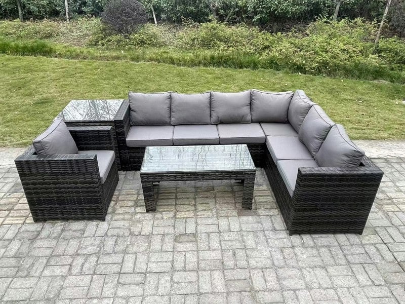 Fimous 7 Seater Rattan Corner Sofa Lounge Sofa Set With Rectangular Coffee Table With Arm Chair And Side Table Dark Grey Mixed Right Hand
