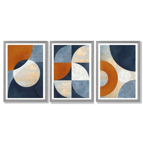 Artze Wall Art Abstract GEOMETRIC Set of 3 Navy Blue Orange and Gold Framed Art Prints