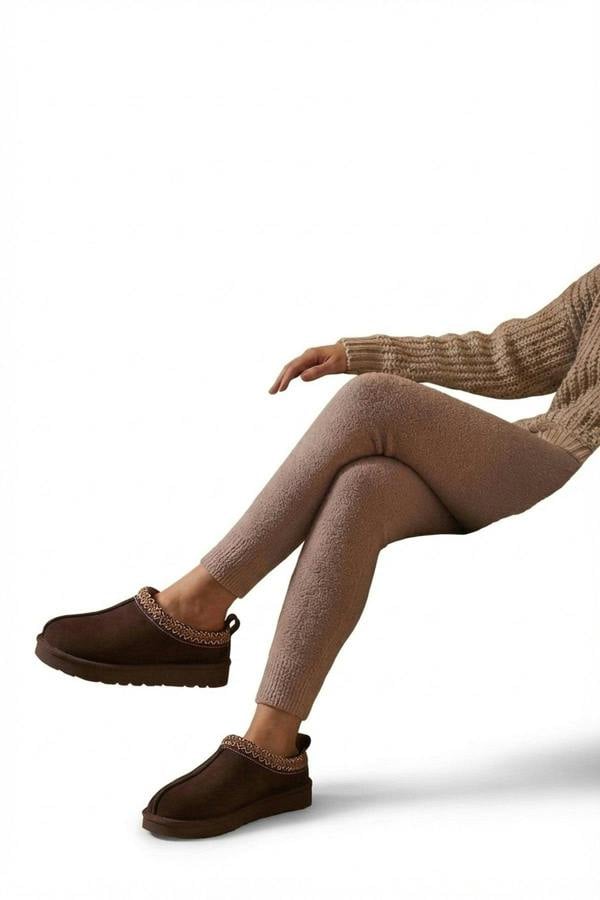 Ravina Chunky Slip On Suede Slippers With Stitch Detail - Brown_wb
