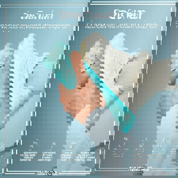 A teal water bottle is held; its flip top opens with a single click. The hand is shown against a light blue background, with a white sneaker visible. "One Touch," "Flip top opens one-handed with a simple click," "Flips open with a simple click," "One-handed use on the go," "Triple lock security," "100% leak proof - no twisting, no leaks," and "SLIM RECYCLON™" are present.