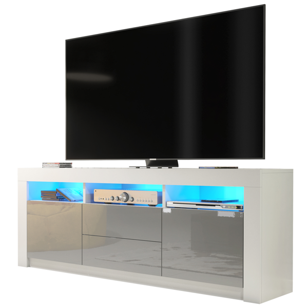 Mex Furniture Spacious 160cm TV Unit & Cabinet with Grey High Gloss Doors and Free LED
