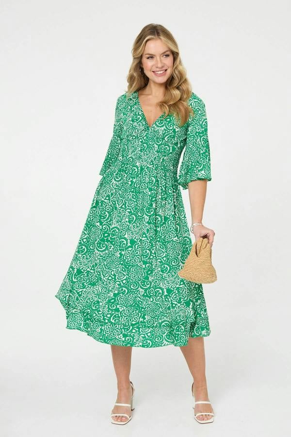 Green | Printed 3/4 Sleeve Layered Midi Dress