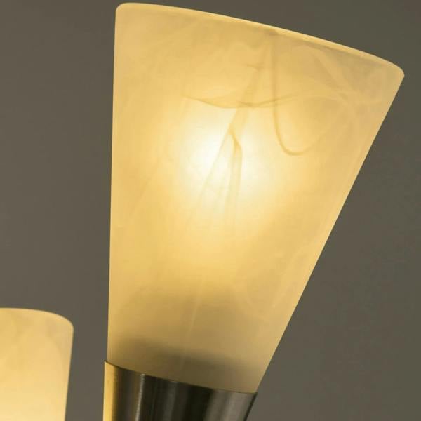 Frosted cone glass lamp shade on a silver 3-light standing floor lamp