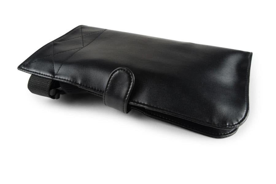 The Rio PROFESSIONAL SALON MAKEUP BRUSH COLLECTION & BELT, a black leather pouch with flap and snap closure for 24 brushes, is displayed flat on a white background.