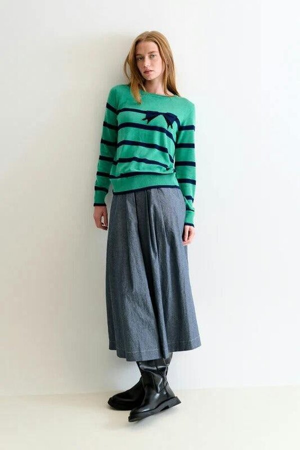 Bly Bow Intarsia Striped Jumper - Navy