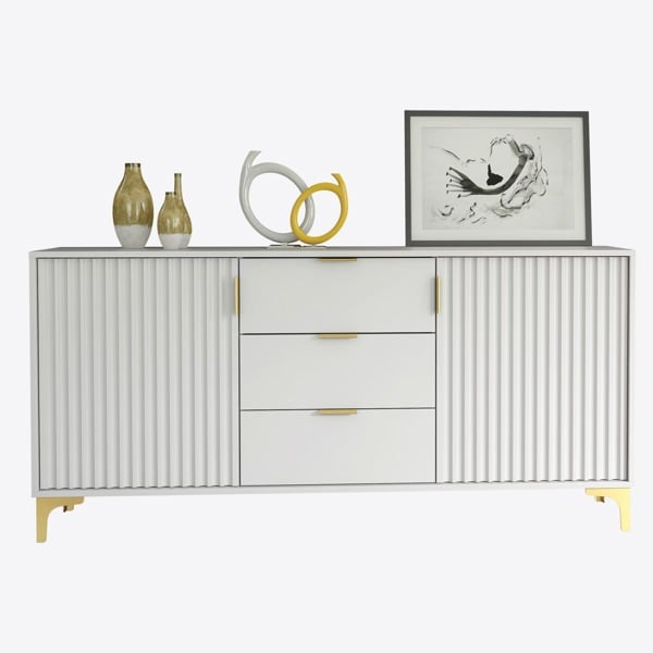 Mex Furniture Captivating White 140cm Sideboard with Ribbed Doors and Gold Accents