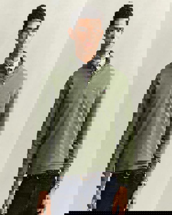 GANT Mens Regular Fit Shield Logo Half Zip Sweatshirt - 379 Dry Herb Green