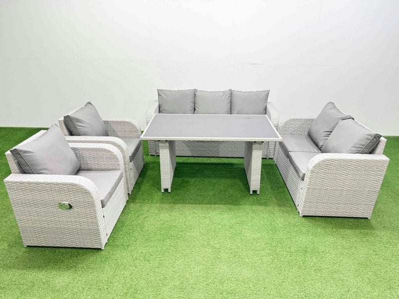 Fimous 7 Seater Garden Furniture Set PE Rattan Garden Sofa Set with Rectangular Dining Table Light Grey