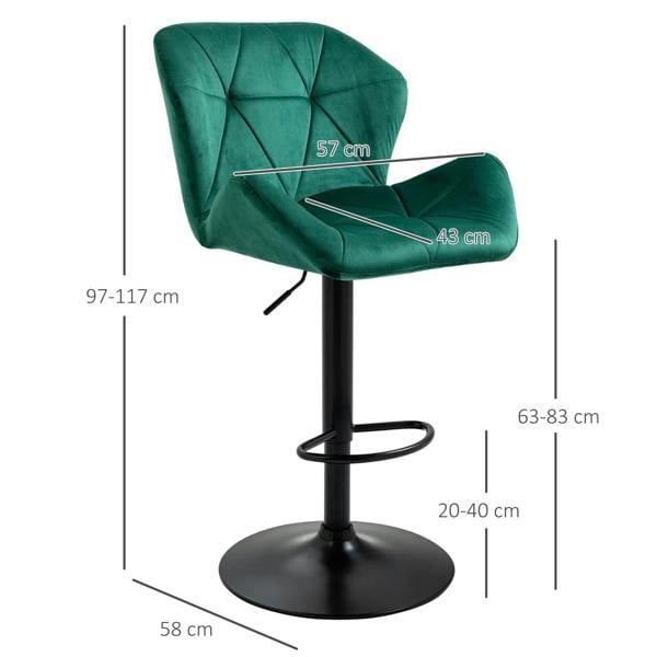 Green velvet-touch adjustable bar stool with tufted back, black pedestal and curved footrest