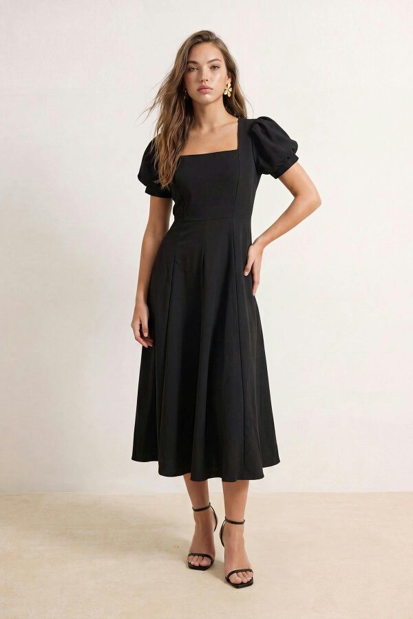 WOVCOR Square Neck Puff Sleeve Midi Skater Dress