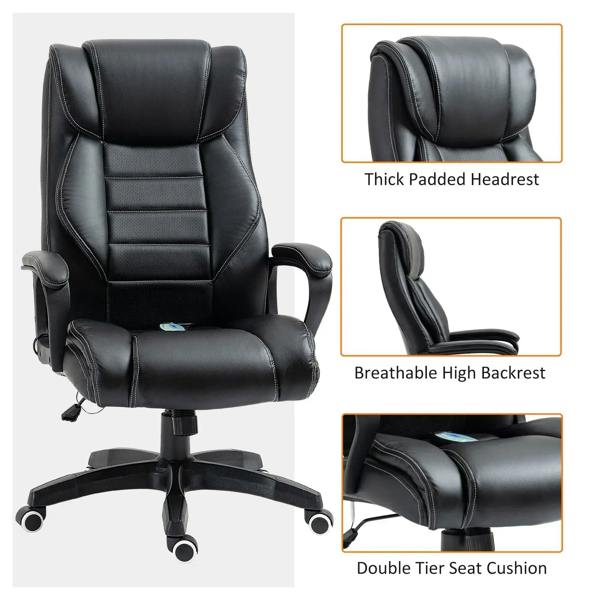Black office chair with thick padded headrest, breathable high back, double-cushion seat
