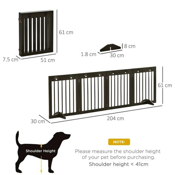 Brown 4-panel wooden pet gate with support feet, 61 cm tall and 204 cm long