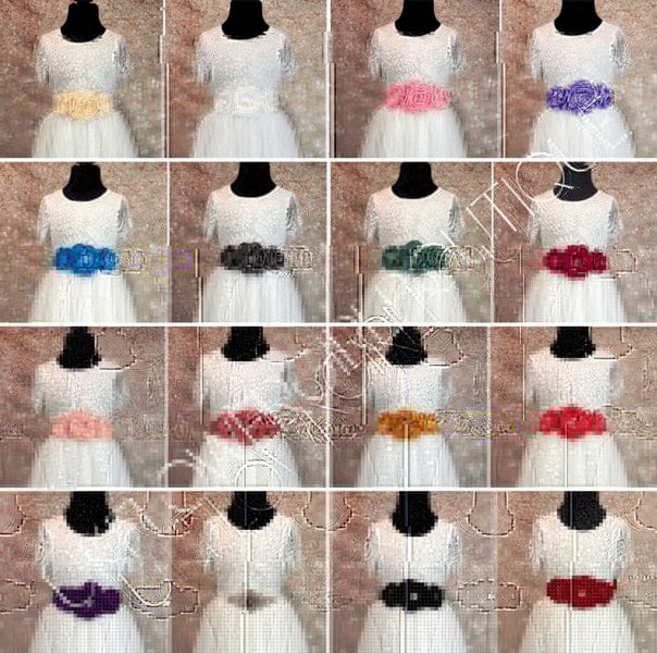 Various colours of Triple Flower Girl Waist / Sash Corsage on white dresses