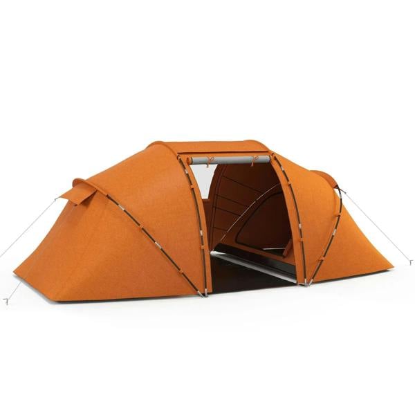 Orange camping tent with open arched front entrance and side fly panels
