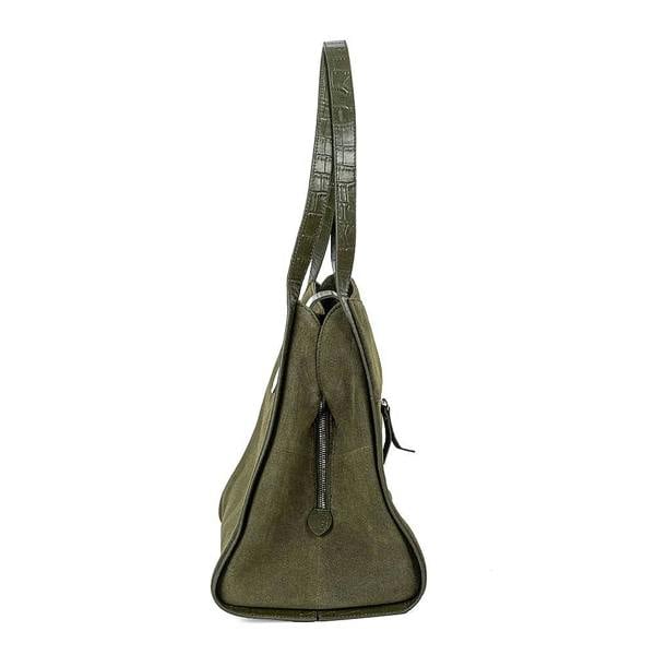 Pia Olive Suede Shoulder Bag, Roomy Bag with Croc-Embossed Trim