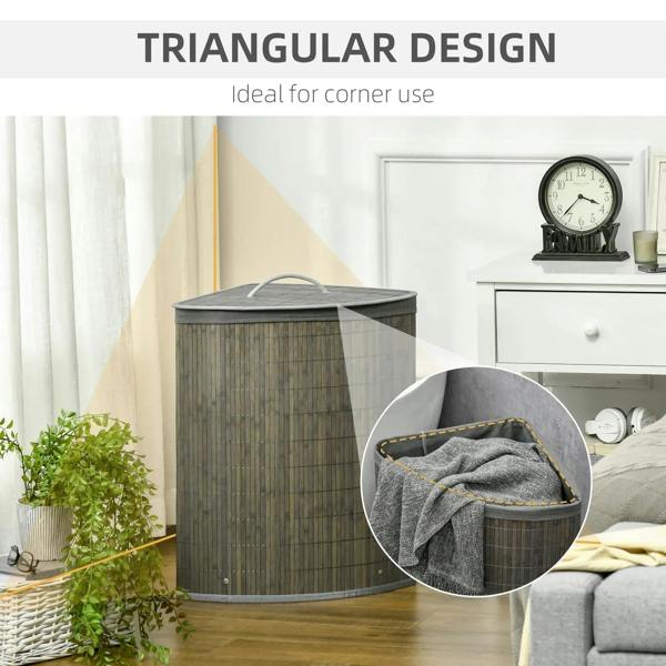 Grey bamboo triangular laundry basket with lid and curved handle for corners