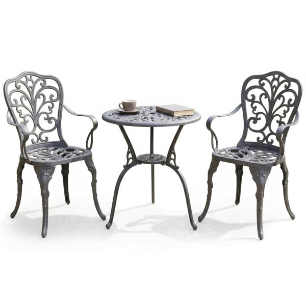 Centurion Supports BANGUI Grey Luxurious Garden and Patio Table and 2 Large Chairs with Armrests Cast Aluminium Bistro Set