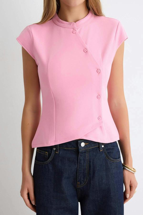 WOVCOR Fitted Mandarin Collar Bracelet Sleeve Button Detail Asymmetric Blouse