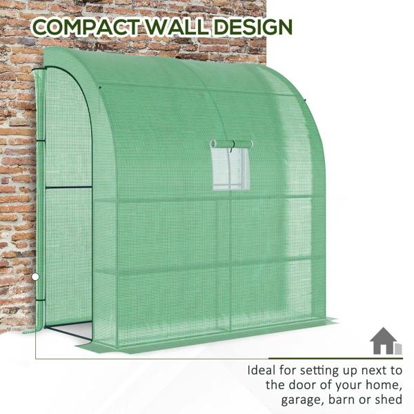 Green lean-to greenhouse with compact wall-ready frame and roll-up door, front corner view