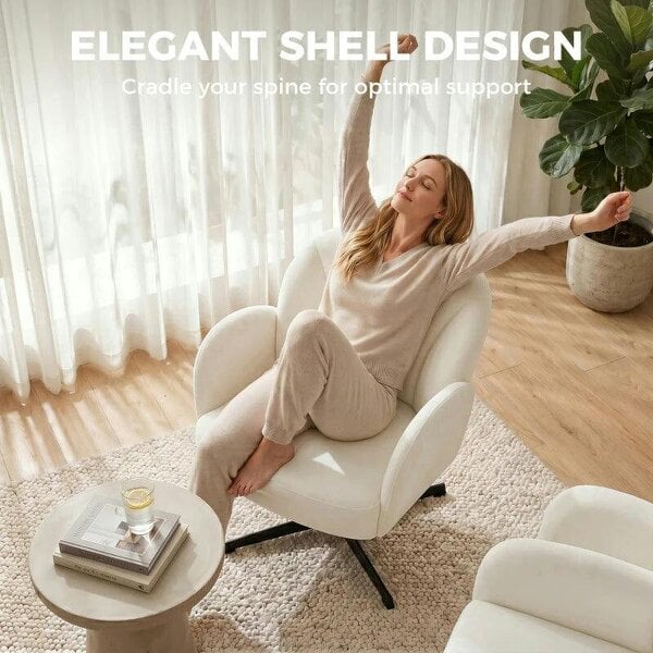 Bobobiy Swivel Accent Chair, Shell-Shaped Armchair with Spring Cushion, Metal Base, Cream White