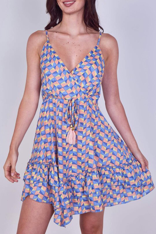 Boho Printed Cotton Mini Dress – Lightweight Summer Strappy Dress