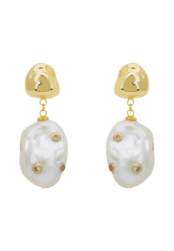 Latelita Polka Dot Baroque Pearl Drop Earrings Gold Cz