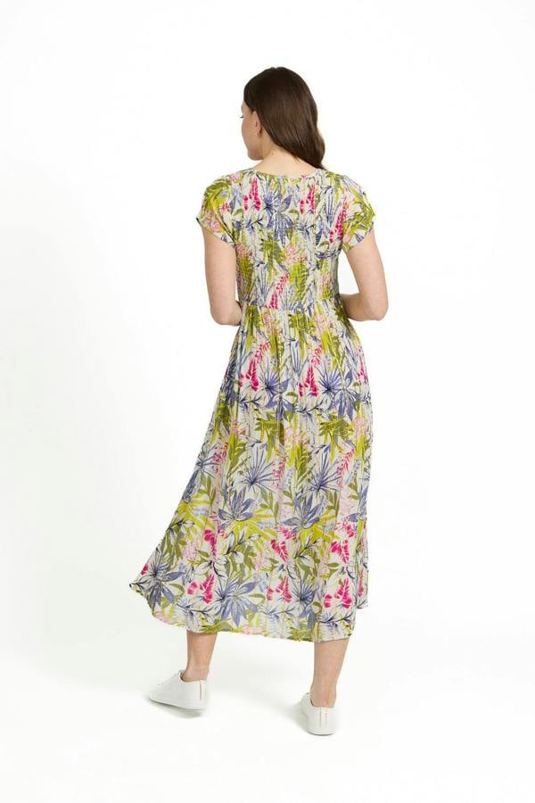 Mudflower Leaf Print Shirred Bodice Midi Dress