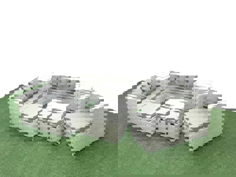 Fimous 10 Pieces Rattan Garden Furniture Set Outdoor Garden Sofa Chair Coffee Table Set with 2 Side Tables 4 Footstools Light Grey Mixed