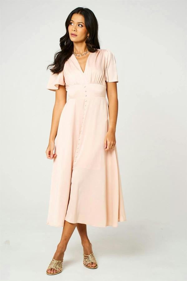 FS Collection Satin V neckline Button Detail Dress In Blush