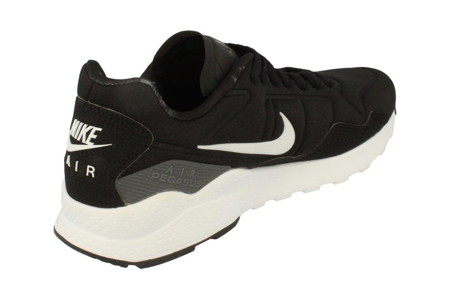 Nike Air Zoom Pegasus 92  Mens edition in Black and White. Picture taken from back, right angle. Shows Nike's signature swoosh along the right of the trainer.