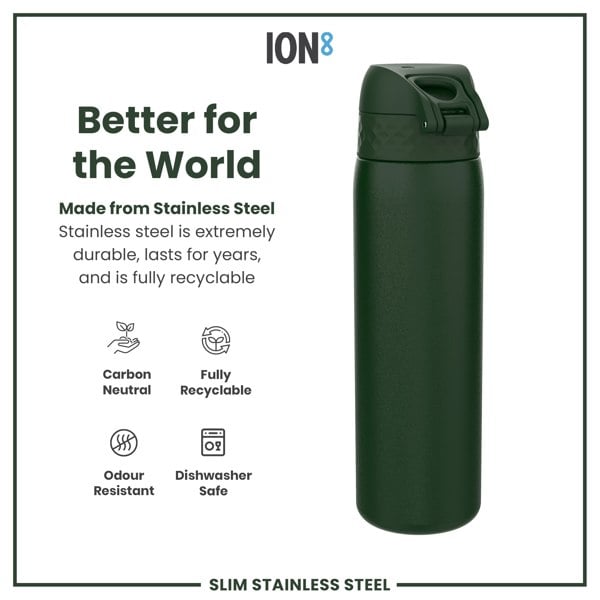 A dark-green, stainless steel water bottle stands against a white background. It is made from sustainable materials and is dishwasher safe. Marketing text highlights its durability and recyclability.