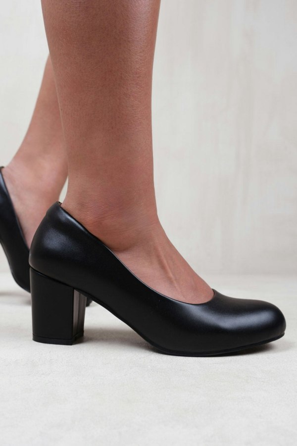 Where's That From Melrose Wide Fit Mid Block Heel Court Shoes in Black Faux Leather