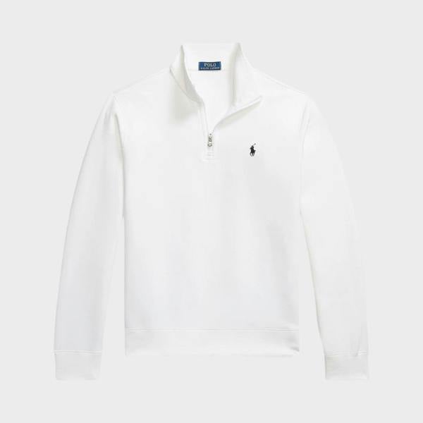 Supplied Fashion white knit quarter-zip pullover with ribbed cuffs and embroidered logo on the chest.