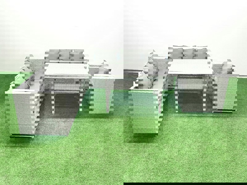 Fimous 4 Pieces Outdoor Rattan Sofa Set with Cushions Patio Garden Furniture Sets with Armchair Dining Table Light Grey Mixed