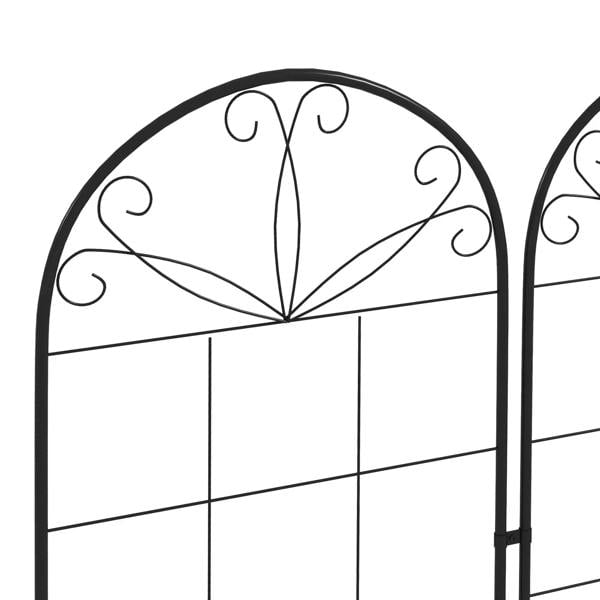 Black metal trellis set of 2 with arched top and scrollwork detail over grid