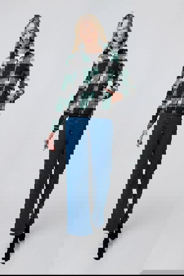 Green | Checked Zip Front Boxy Teddy Jacket
