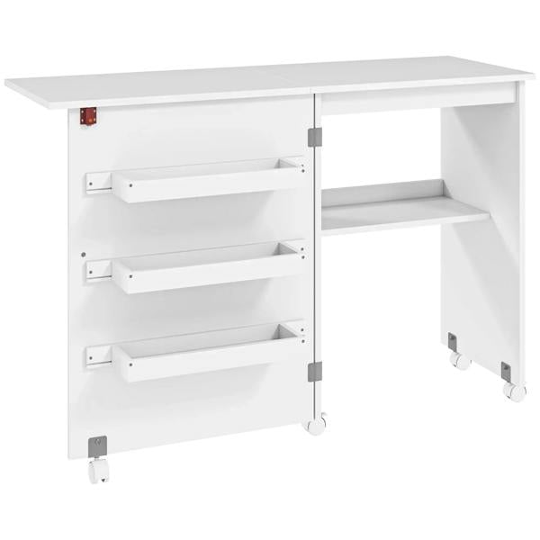 White folding sewing table with drop-leaf design, open shelf, three storage bins, rolling wheels
