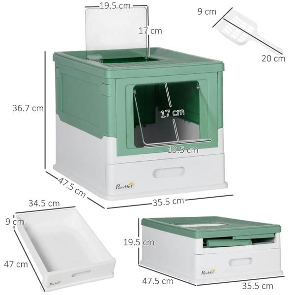 Green hooded cat litter box with labeled measurements diagram
