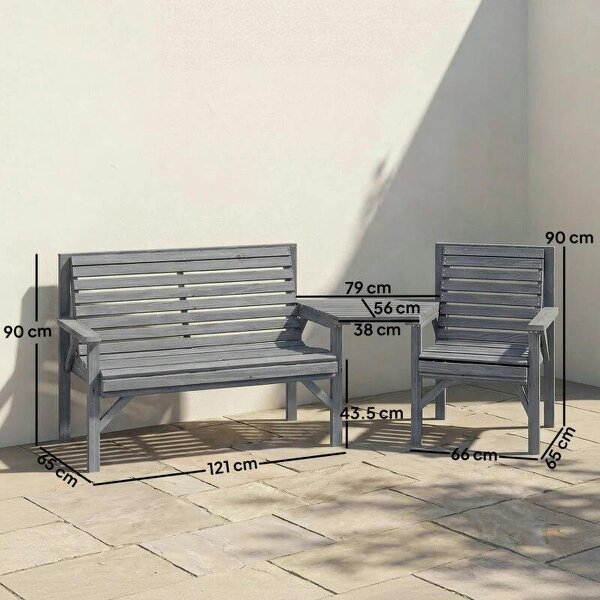 Wooden Garden Furniture Set with Parasol Hole, 1 Chair, 1 Bench and Detachable Table, Grey Embossed Finish