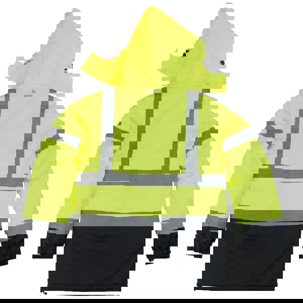 Scruffs High Visibility Mens Hi-Viz Waterproof Zip Up Jacket Coat, bright yellow waterproof jacket with reflective gray stripes, hood, and full front zipper for high visibility and protection in harsh weather conditions.