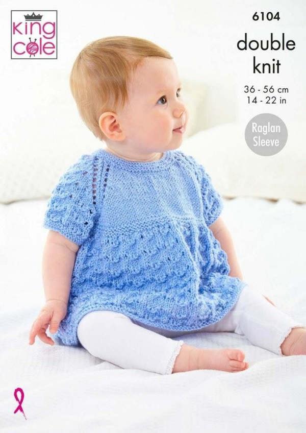 King Cole Baby Glitz DK Knitting Pattern 6104, Jackets, Cardigans, Tops for Baby, 14 - 22 Inches