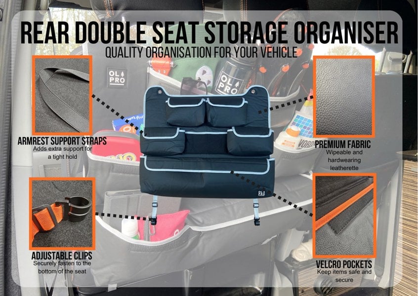 An info graphic depicting the different aspects of the OLPRO Rear Double Seat Storage Organiser.