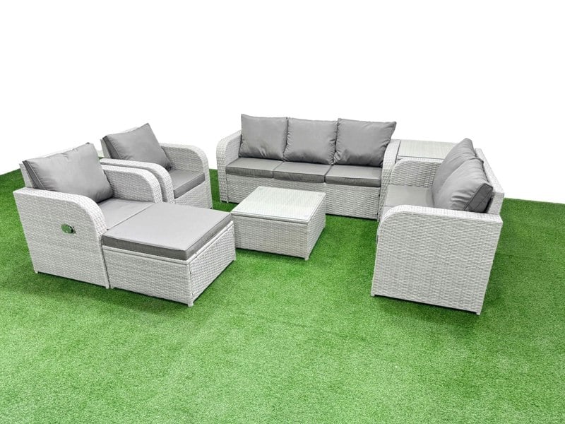 Fimous Rattan Garden Furniture Set with Adjustable Chair, Sofa, Love Seat 2 Seater Sofa, Square Coffee Table, Big Footstool, Side Table - Light Grey