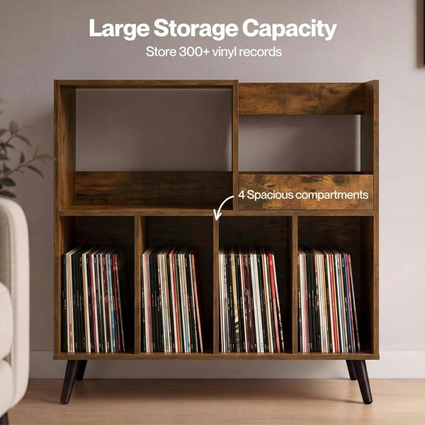 Levede Record Player Stand 300+ Album Storage Turntable Cabinet Rubber Wood Antique Brown