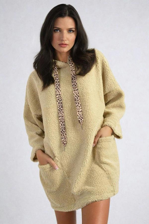 Melissa Drawstring Teddie Hoodie Jacket With Front Pockets - Beige