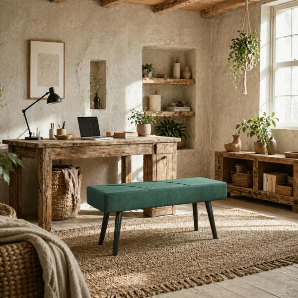 Wyld Haus Mazuka Green  End Of Bed Bench With X Frame Black Metal Legs Geometric Pattern
