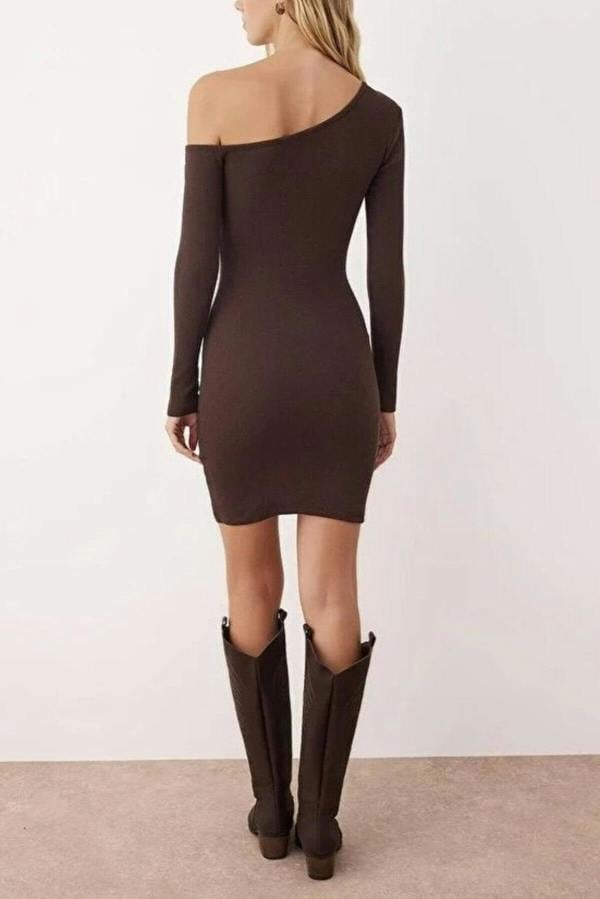 WOVCOR Asymmetrical Collar Mini Ribbed Knit Pencil Dress