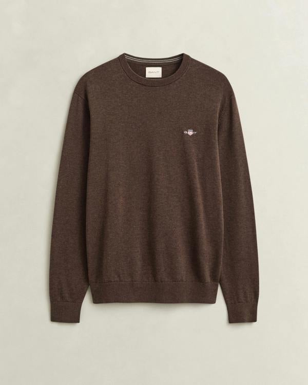 GANT Mens Classic Cotton Shield Logo Crew Neck Jumper - 284 Black Brown Melange | CHO | Designer Mens Crew Neck Jumpers