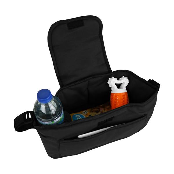 Spacious black pet jogger storage bag with a water bottle, dog toy, and treats, featuring durable fabric and multiple compartments